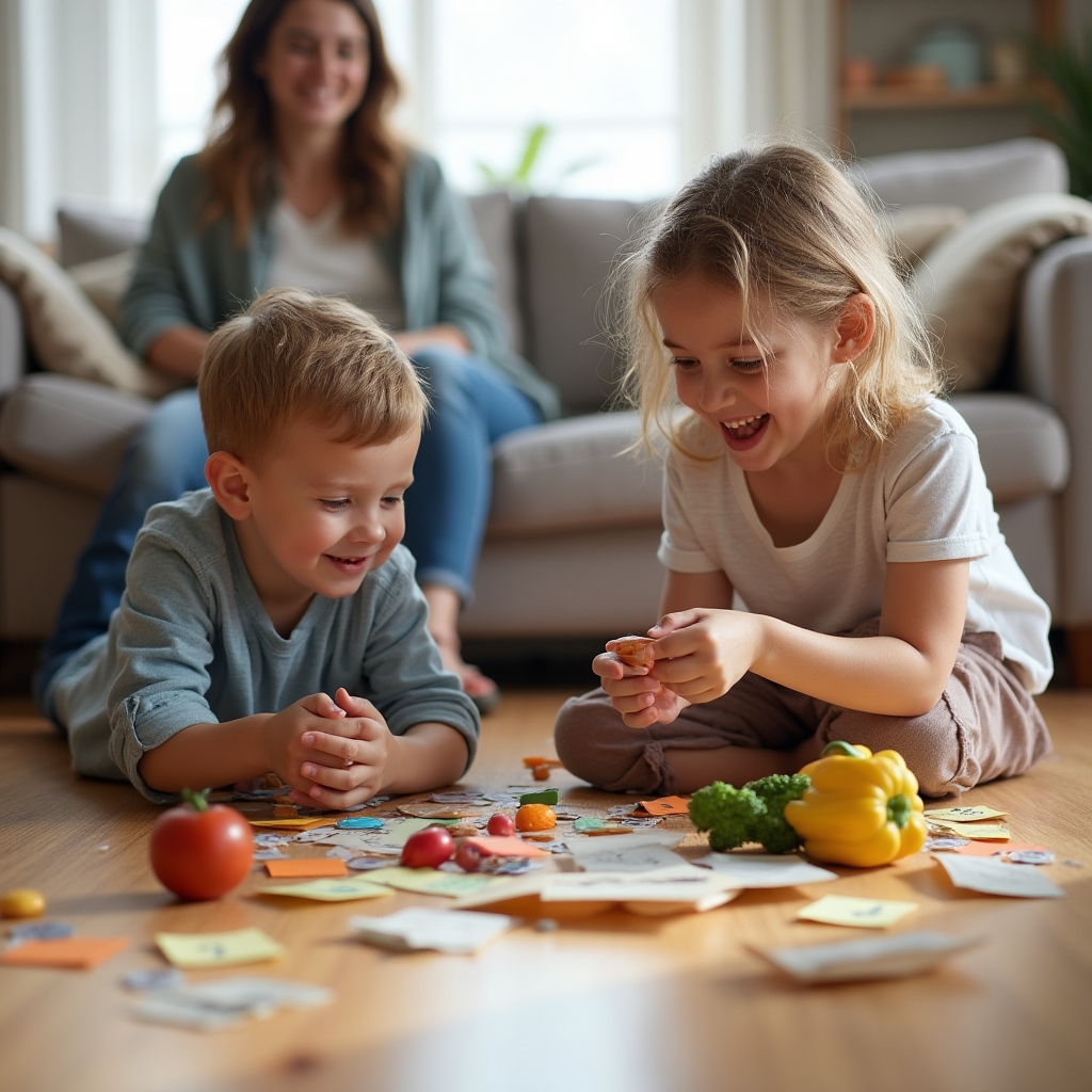Due bambini che giocano al mercatino domestico con oggetti di casa, monete e cartellini dei prezzi scritti a mano