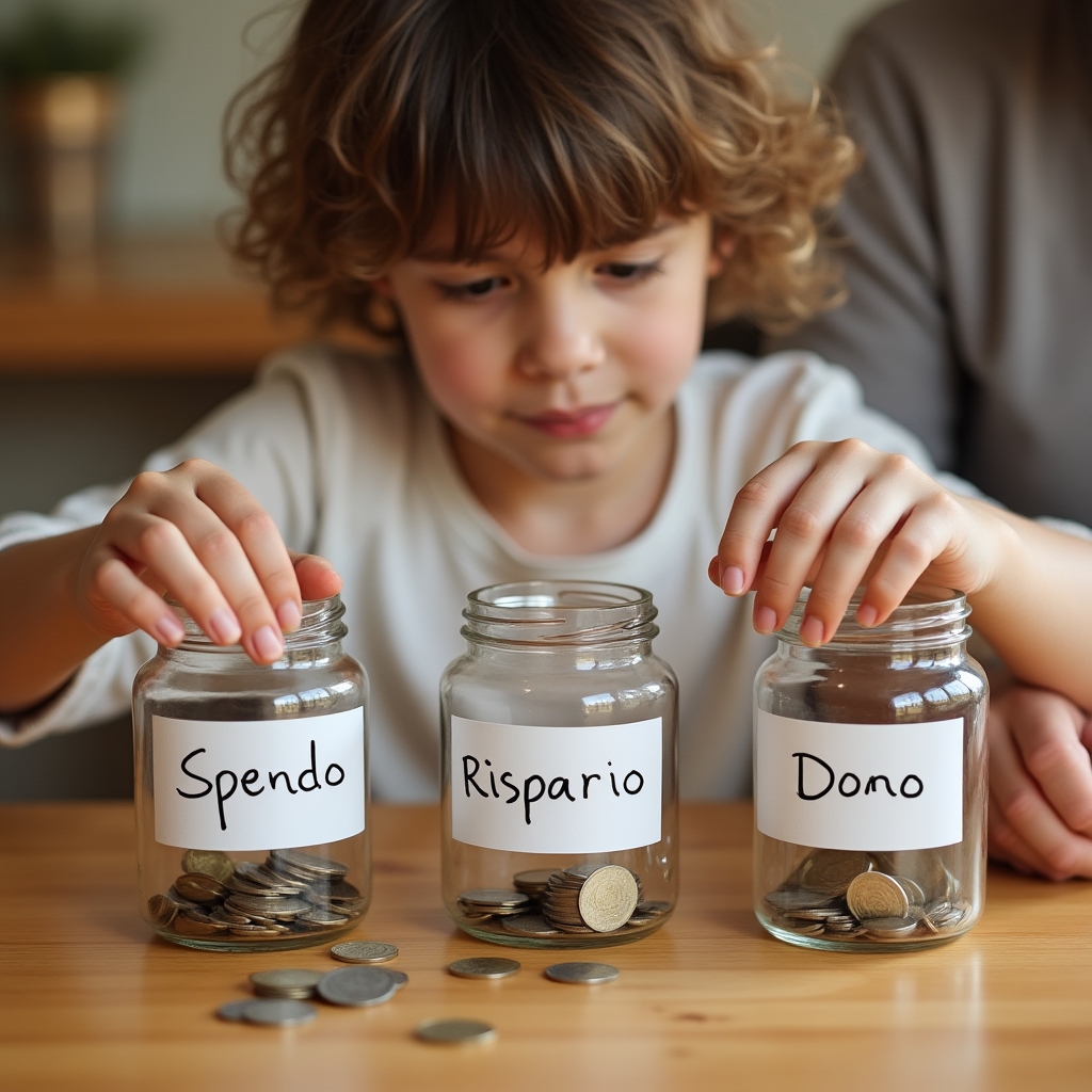 Bambino che divide monete in tre barattoli trasparenti etichettati spendere, risparmiare e donare