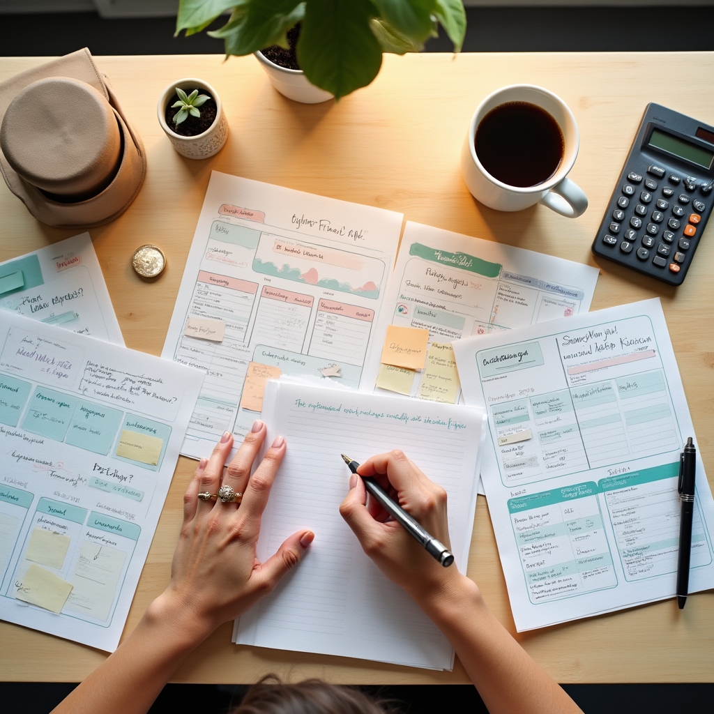 Materiali didattici Velnorquix su un tavolo di lavoro, con appunti e schede colorate per l'educazione finanziaria infantile