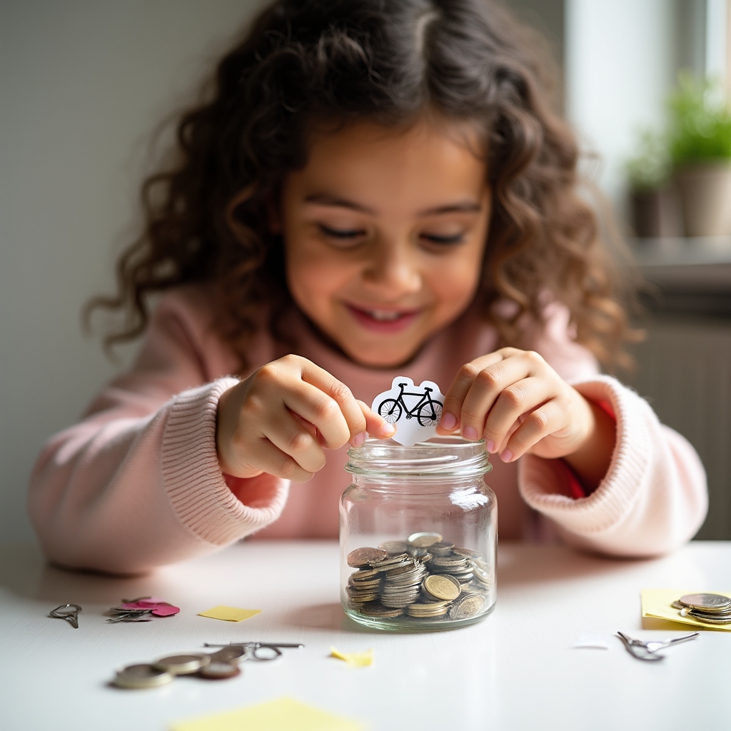 Bambina che incolla un'immagine del proprio obiettivo di risparmio su un salvadanaio trasparente, con un sorriso concentrato